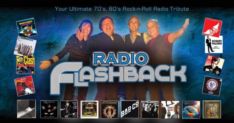 Flyer for Radio Flashback Rocks Tiki Joe’s Meschutt Beach Classic Car Night