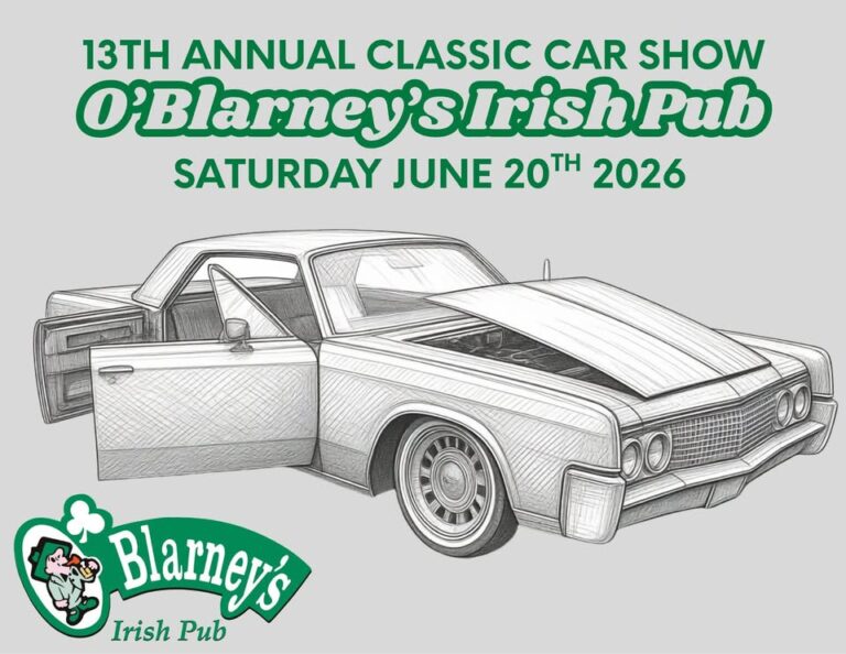 Flyer for O’Blarney’s Irish Pub 13th Annual Classic Car Show