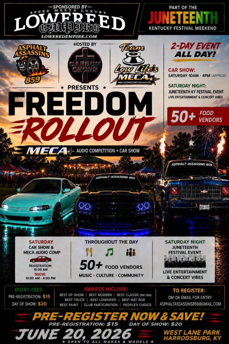 Flyer for Lowered Empire Freedom Rollout MECA Audio Competition + Car Show