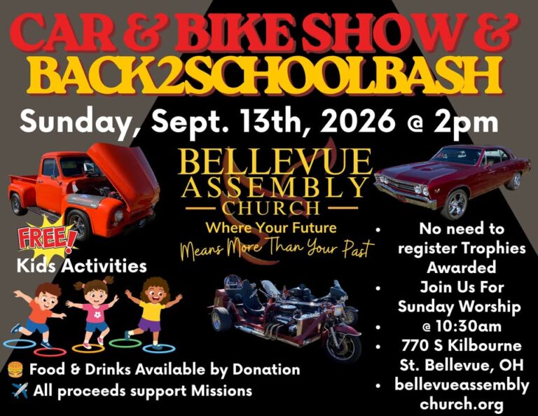 Flyer for Bellevue Assembly Church Car & Bike Show & Back 2 School Bash