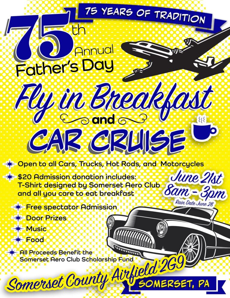 Flyer for Somerset Aero Club 75th Annual Father’s Day Fly in Breakfast and Car Cruise