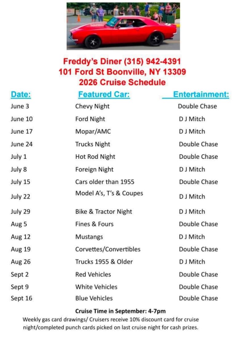 Flyer for Freddy’s Diner 2026 Cruise Schedule