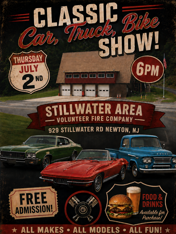 Flyer for Stillwater Fire Department Car, Bike, Truck Show Cruise In