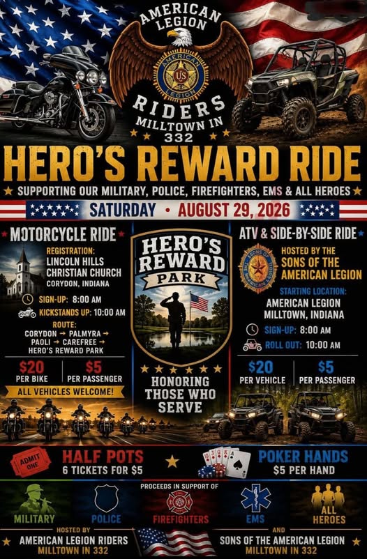 Flyer for American Legion Riders Milltown in 332 Hero’s Reward Ride