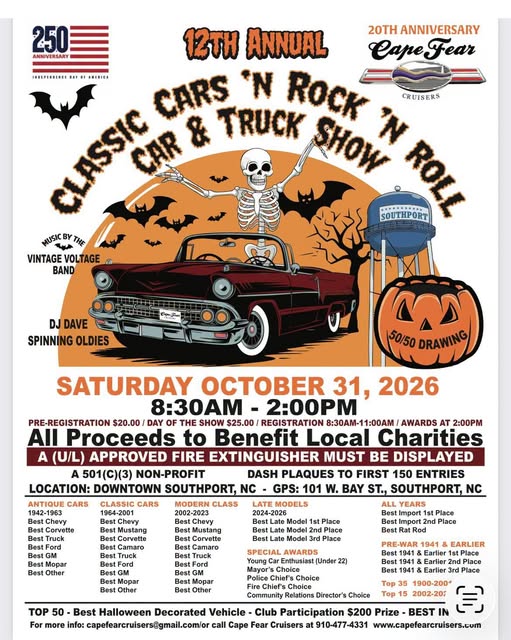 Cape Fear Cruisers 12th Annual Classic Cars ‘n Rock ‘n Roll Car & Truck Show Graphic