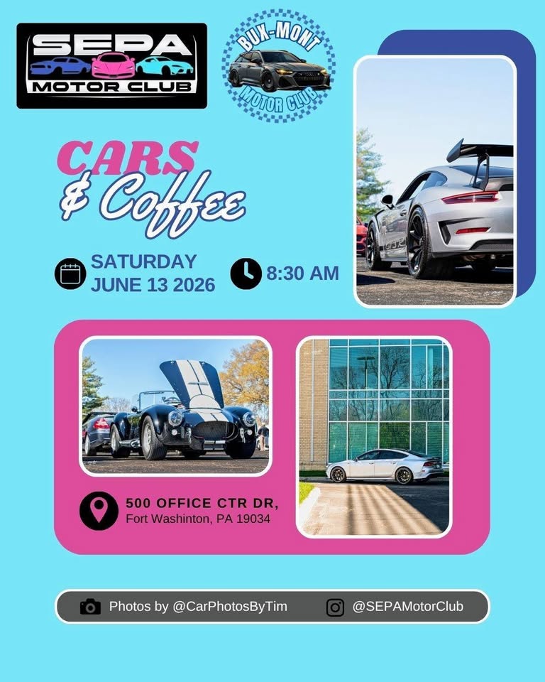 Flyer for Cars & Coffee – Sepa Motor Club & Bux-Mont Motor Club