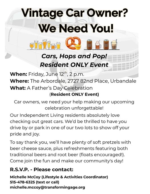 Flyer for Cars, Hops and Pop! Resident Only Event