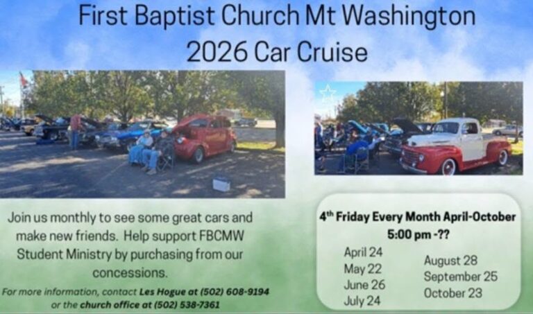Flyer for First Baptist Church Mt Washington 2026 Car Cruise