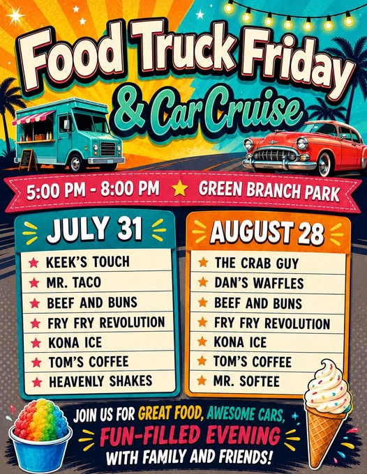 Flyer for Green Branch Park Food Truck Friday & Car Cruise
