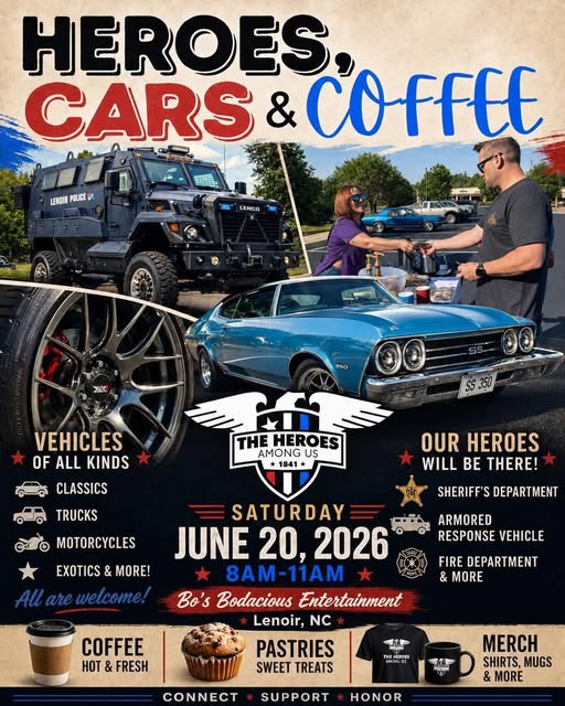 Flyer for Heroes Among Us Heroes, Cars & Coffee