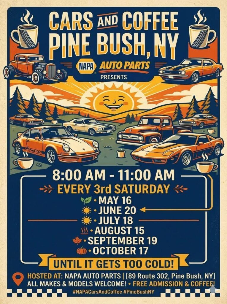 Flyer for NAPA Auto Parts Cars and Coffee Pine Bush