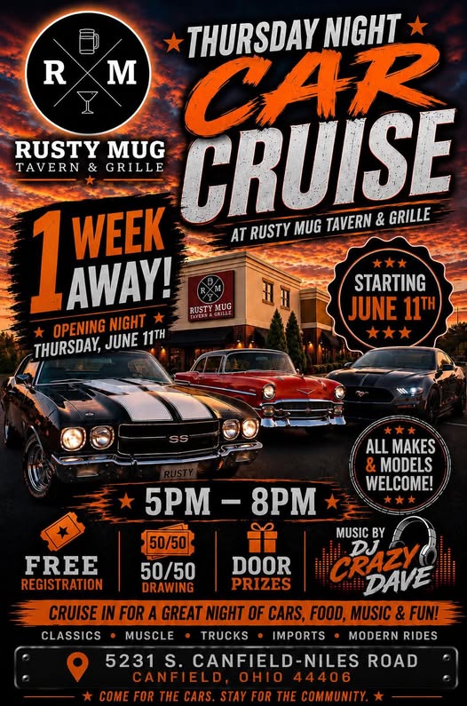 Flyer for Rusty Mug Tavern & Grille Thursday Night Car Cruise