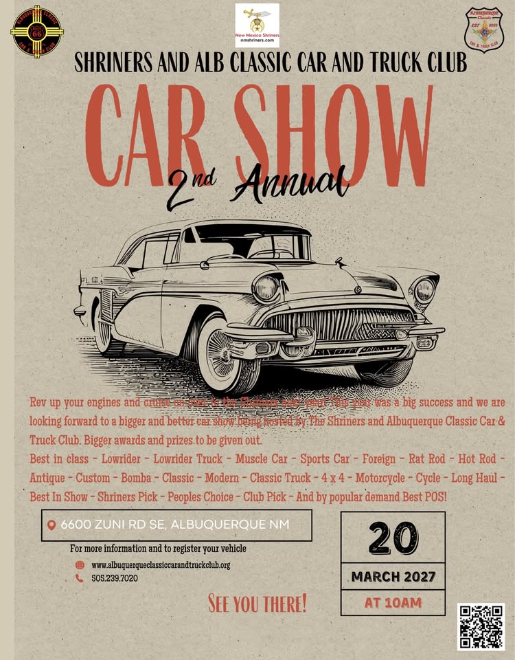 Flyer for Shriners & Albuquerque Classic Car and Truck Club 2nd Annual Car Show