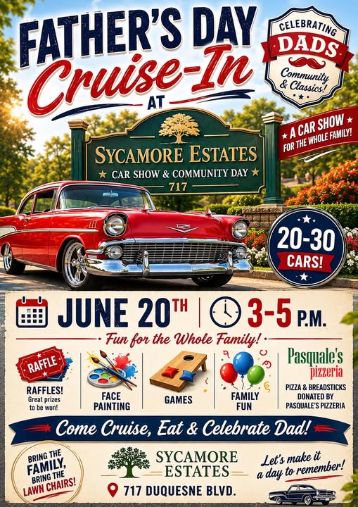 Flyer for Sycamore Estates Father’s Day Cruise-In