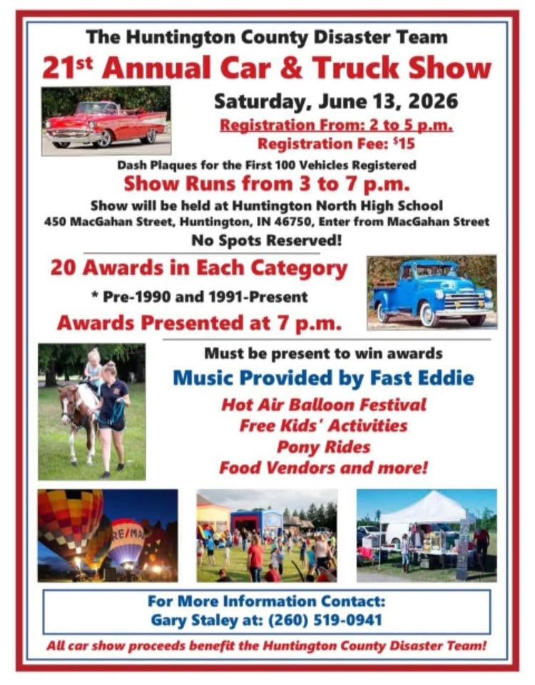 Flyer for The Huntington County Disaster Team 21st Annual Car & Truck Show