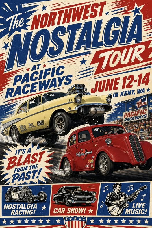 Flyer for The Northwest Nostalgia Tour at Pacific Raceways
