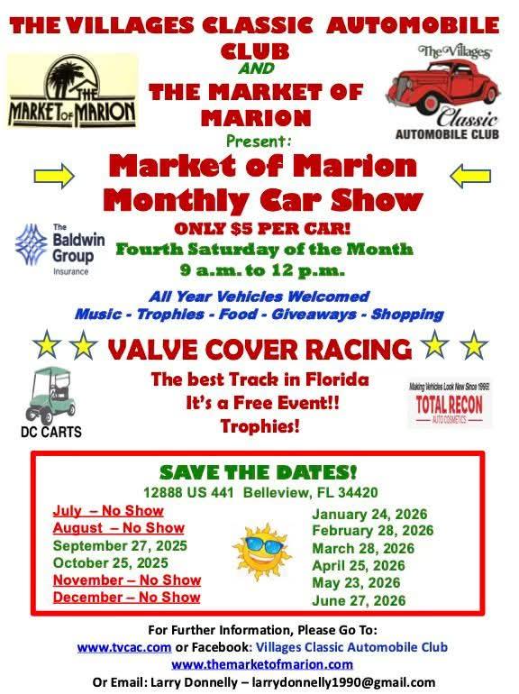 Flyer for The Villages Classic Automobile Club & Market of Marion Monthly Car Show