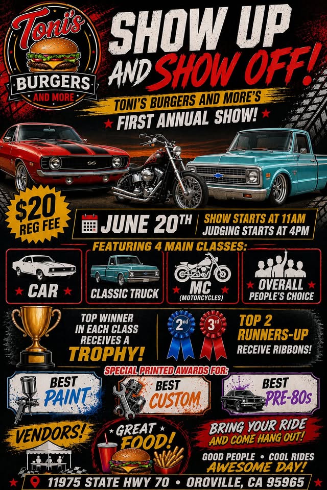 Flyer for Toni’s Burgers and More 1st Annual Car Show