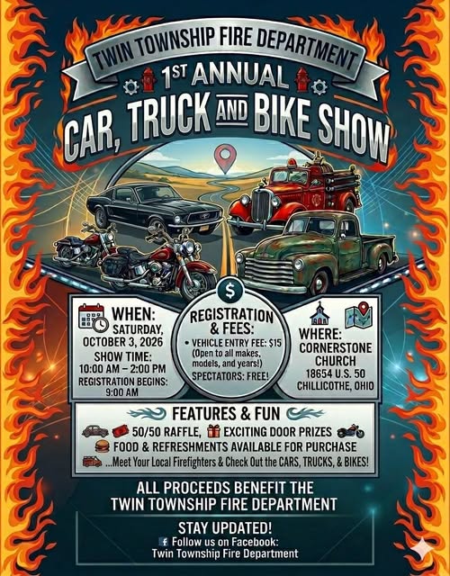 Flyer for Twin Township Fire Department 1st Annual Car, Truck and Bike Show