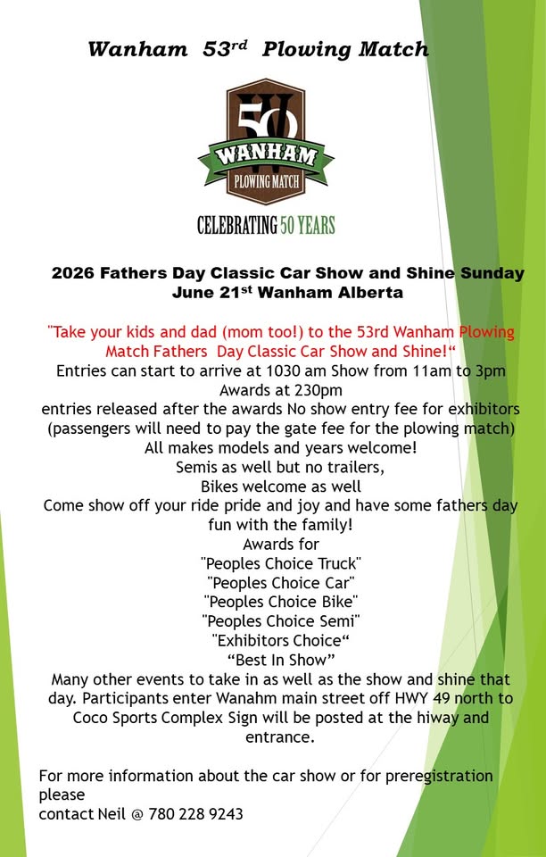Flyer for Wanham 53rd Plowing Match Fathers Day Classic Car Show and Shine