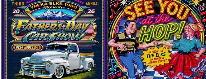 Flyer for Yreka Elks Father’s Day Car Show Sunday + Sock Hop Saturday Night