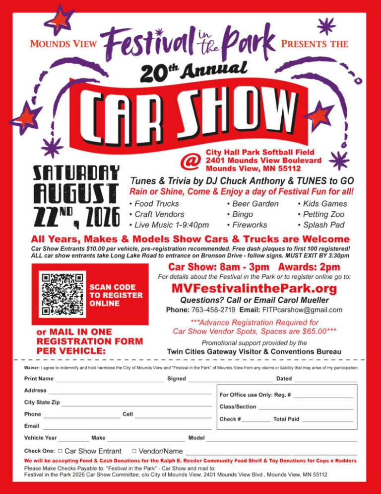 Flyer for Mounds View Festival in the Park 20th Annual Car Show