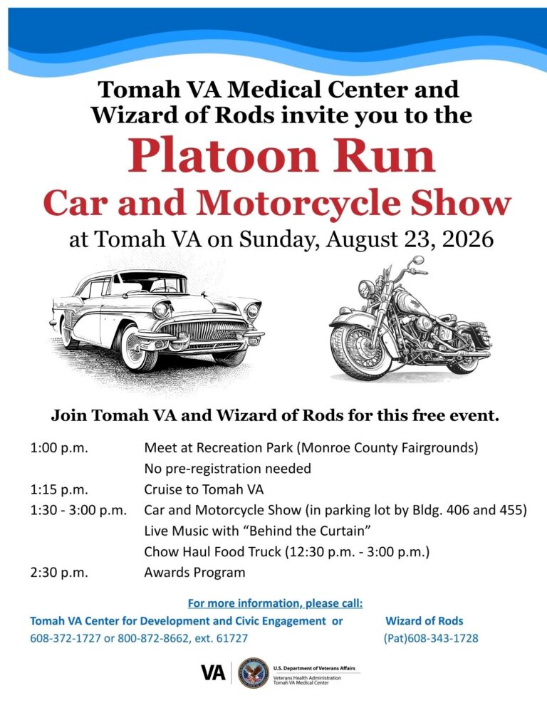 Flyer for Tomah VA Medical Center and Wizard of Rods Platoon Run Car and Motorcycle Show