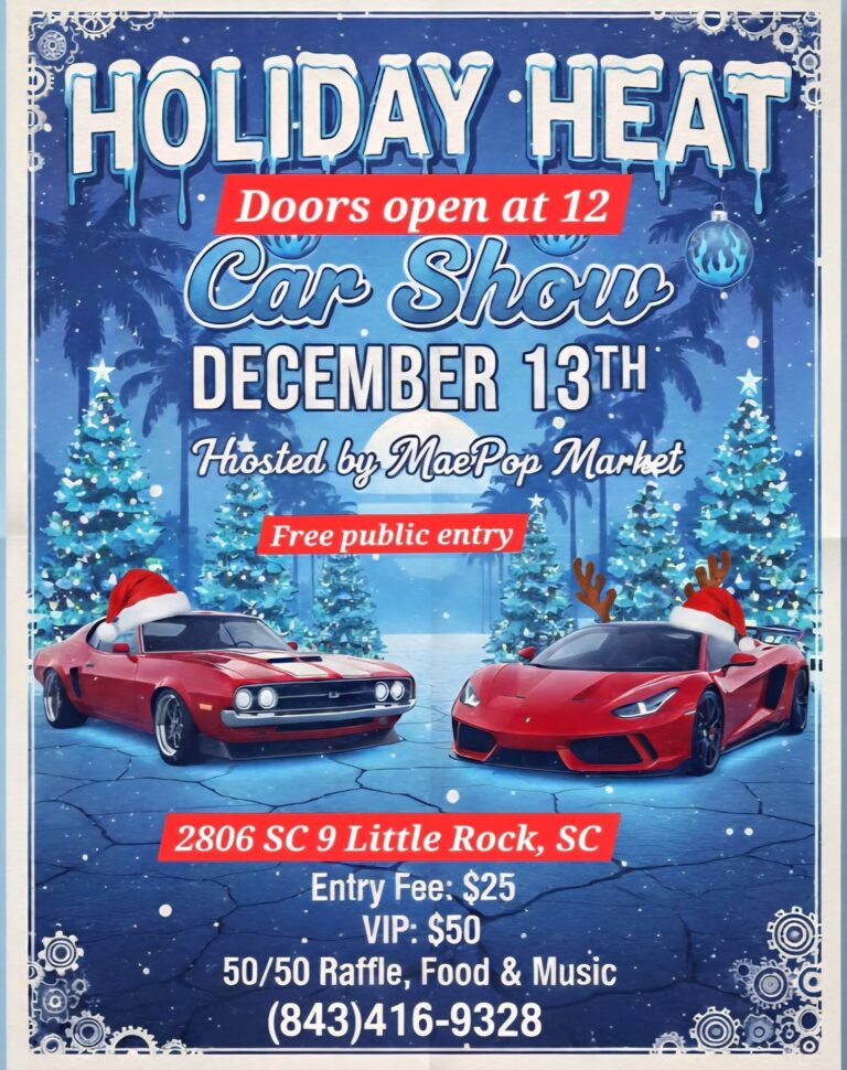 Flyer for Mae Pop Market Holiday Heat Car Show