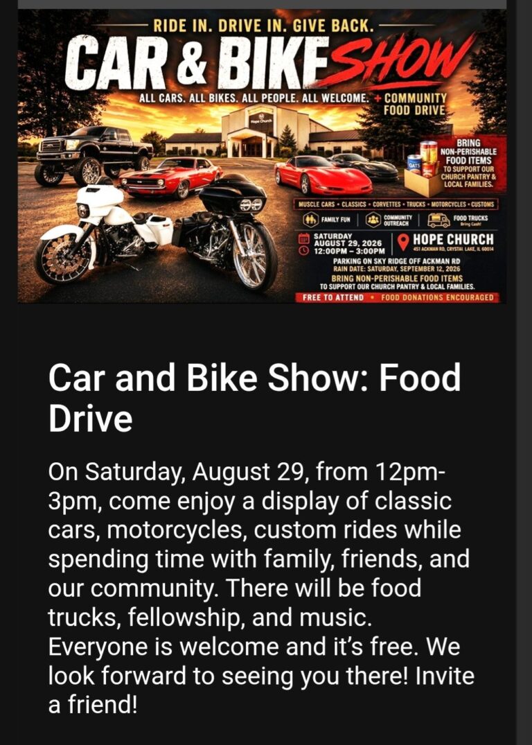 Flyer for Hope Church Car & Bike Show Food Drive