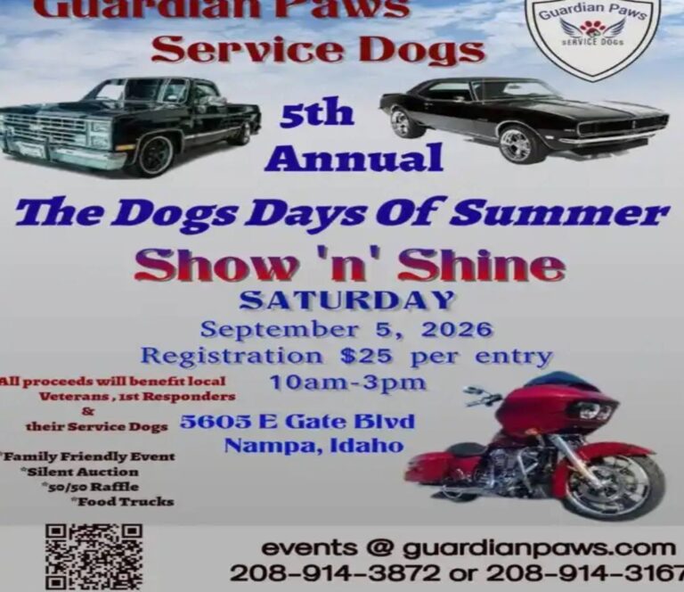 Flyer for Guardian Paws Service Dogs 5th Annual the Dogs Days of Summer Show ‘n’ Shine