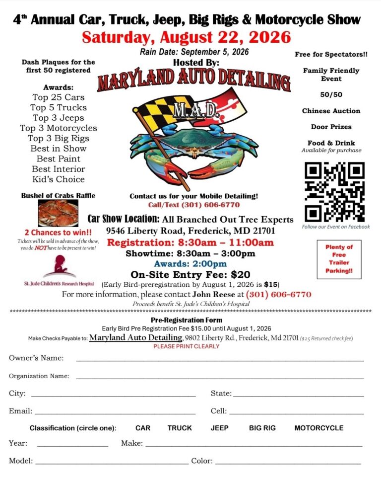Flyer for 4th Annual Maryland Auto Detailing Car, Truck, Jeep, Big Rigs & Motorcycle Show
