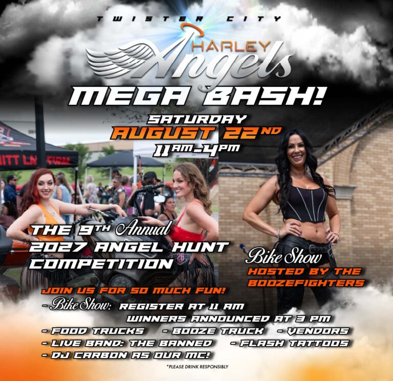 Flyer for Boozefighters 4th Annual Angel Hunt Competition Bike Show Mega Bash