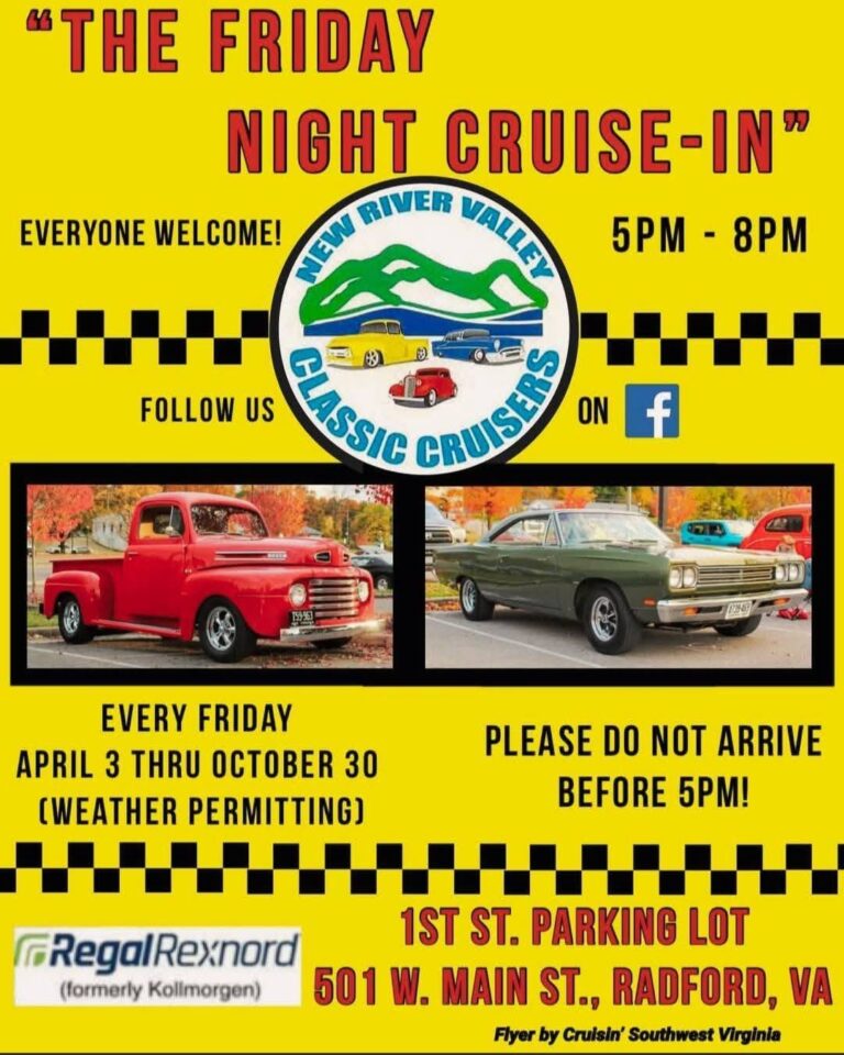 Flyer for New River Valley Classic Cruisers Friday Night Cruise-In