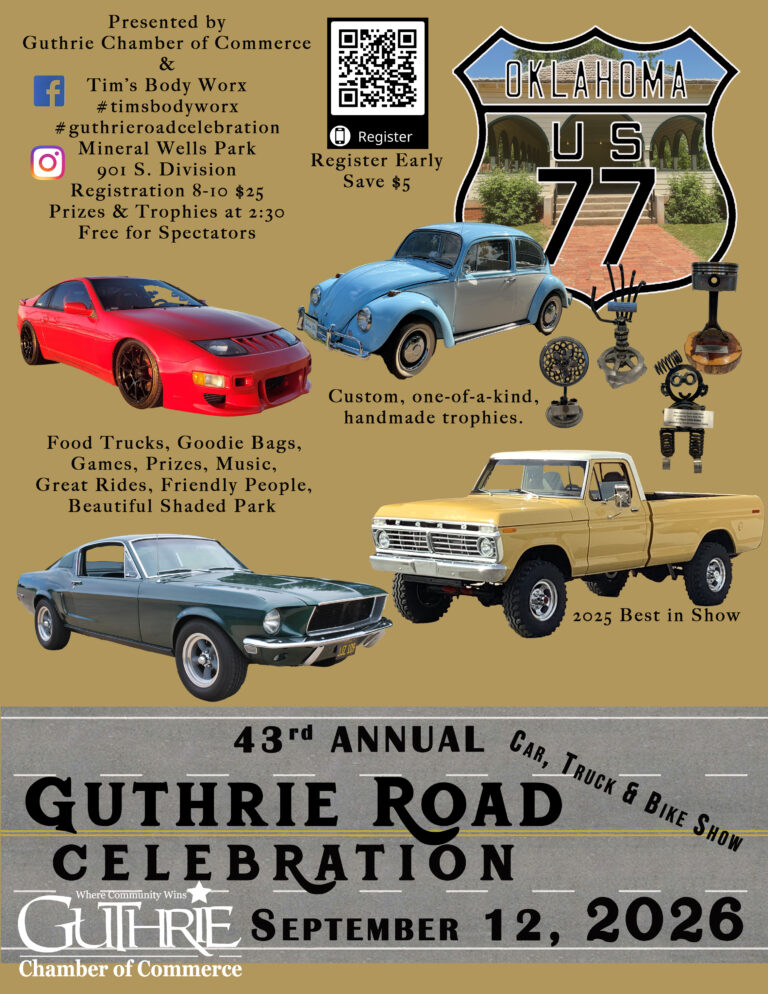 Flyer for Guthrie Chamber of Commerce 43rd Annual Guthrie Road Celebration Car, Truck & Bike Show