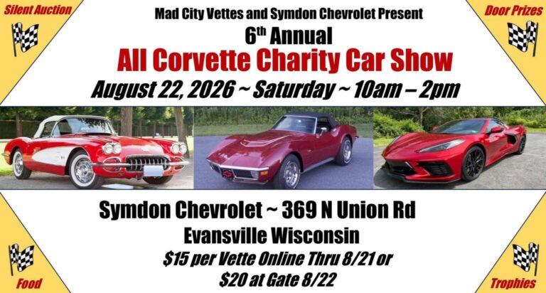 Flyer for Mad City Vettes and Symdon Chevrolet 6th Annual All Corvette Charity Car Show
