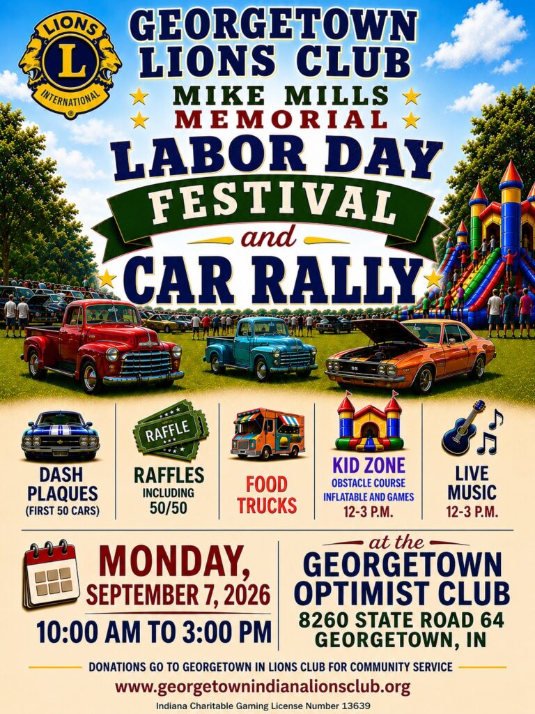 Flyer for Georgetown Lions Club Mike Mills Memorial Labor Day Festival and Car Rally