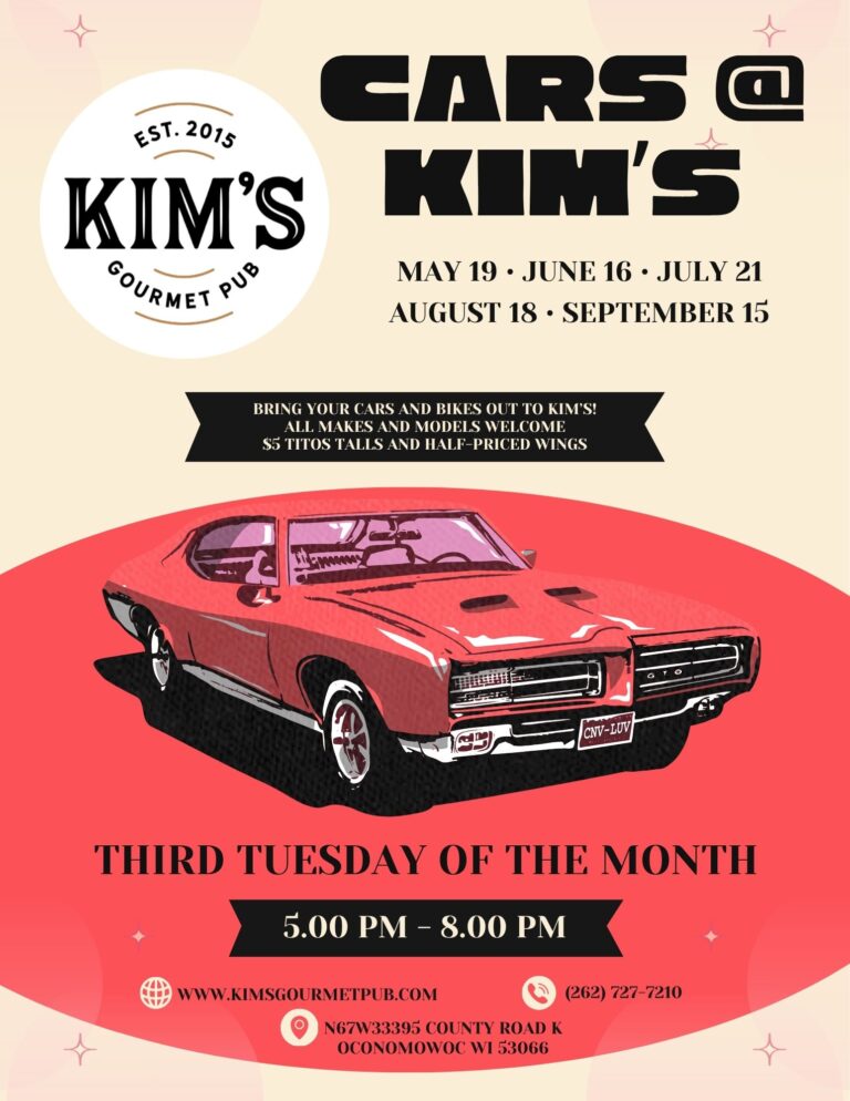 Flyer for Kim’s Gourmet Pub Cars & Coffee