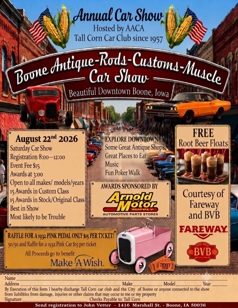 Flyer for Tall Corn Car Club Boone Antique-Rods-Customs-Muscle Car Show