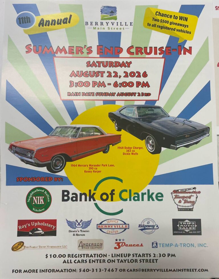 Flyer for Berryville Main Street 11th Annual Summer’s End Cruise-In