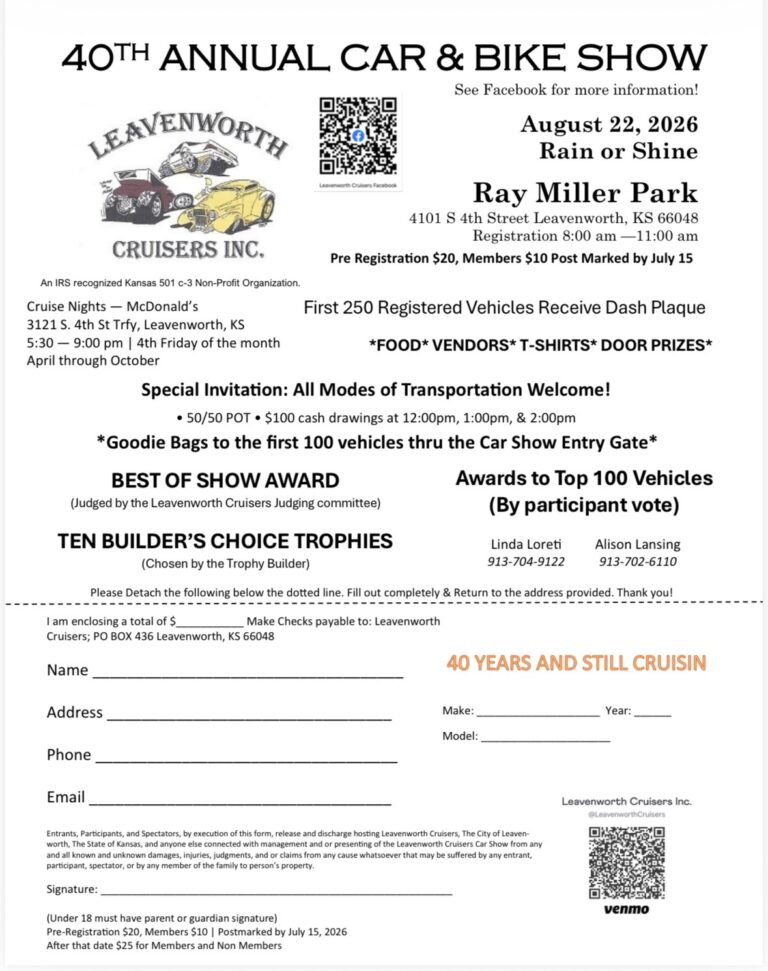 Flyer for Leavenworth Cruisers Inc. 40th Annual Car & Bike Show
