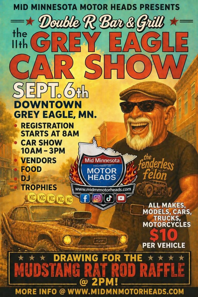 Flyer for Mid Minnesota Motor Heads 11th Grey Eagle Car Show at Double R Bar & Grill