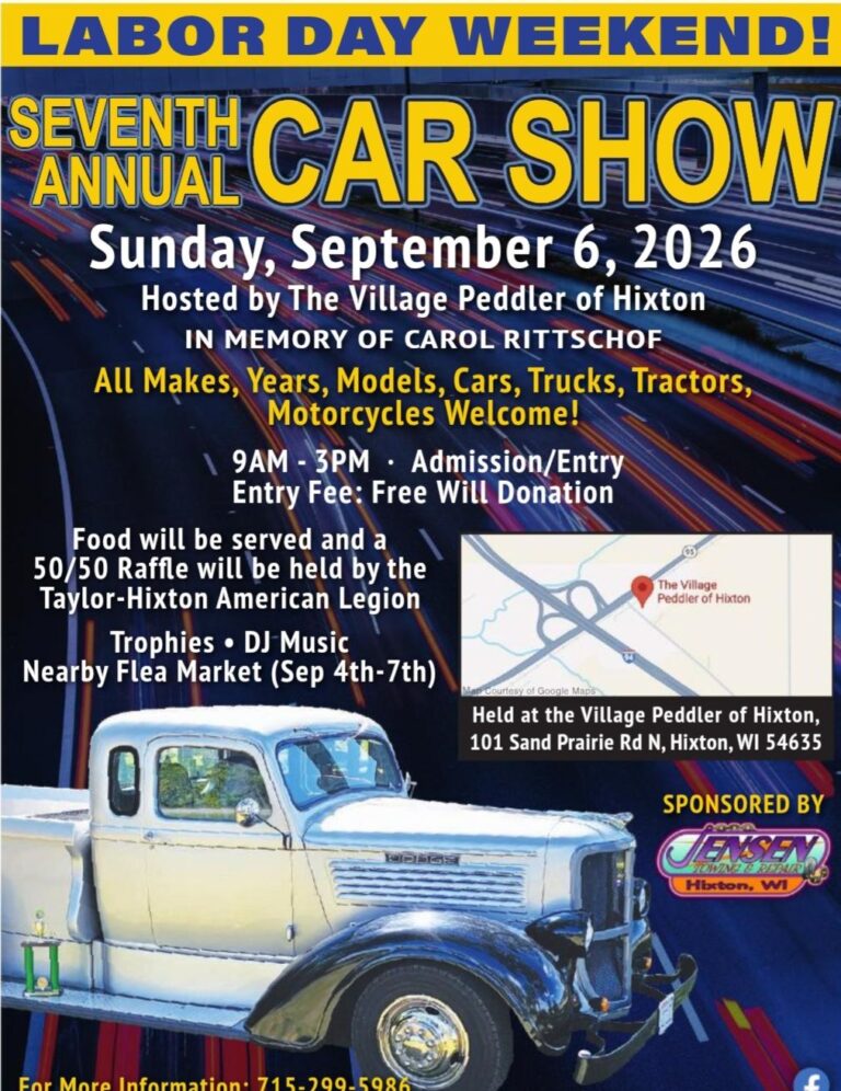 Flyer for The Village Peddler of Hixton Seventh Annual Car Show