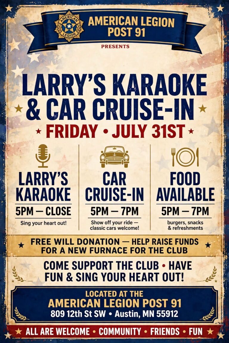 Flyer for American Legion Post 91 Larry’s Karaoke & Car Cruise-In