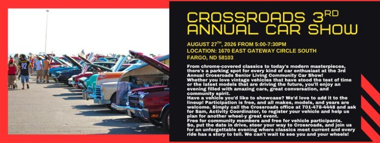 Flyer for Crossroads Senior Living Community Car Show