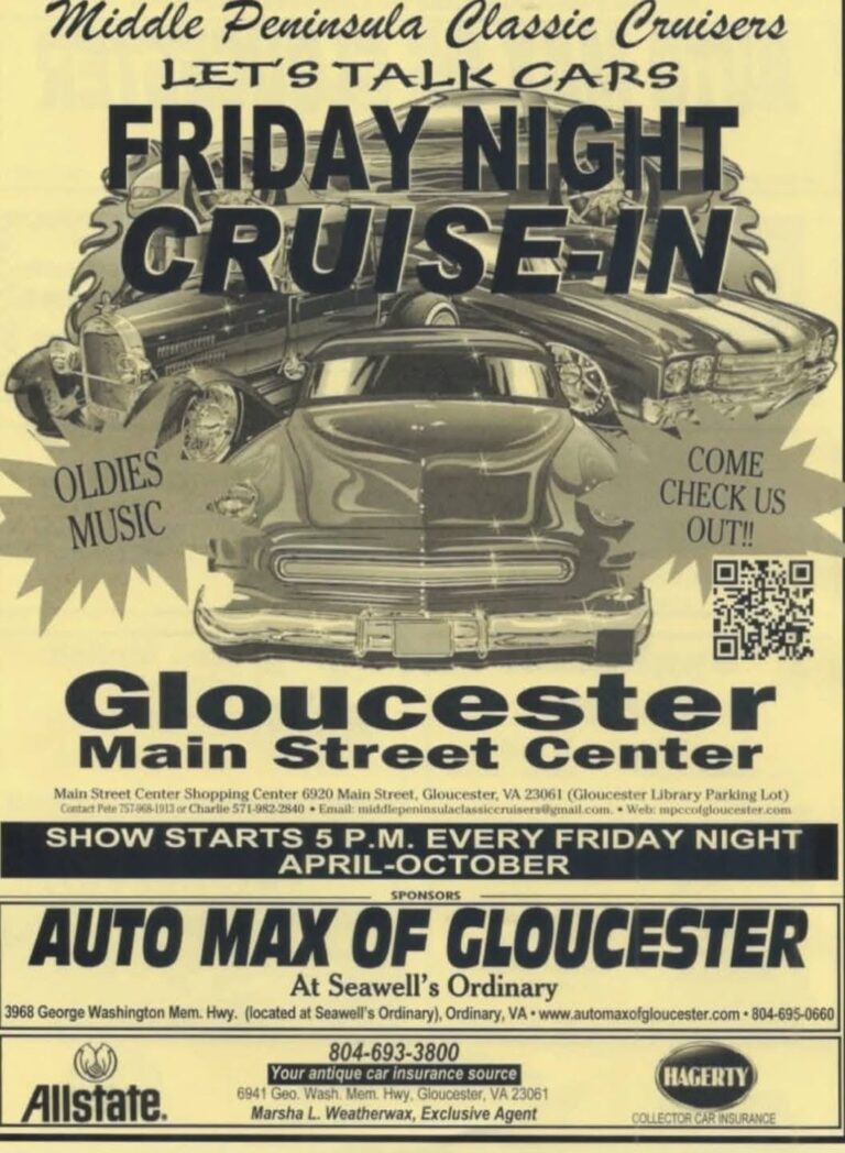 Flyer for Middle Peninsula Classic Cruisers Let’s Talk Cars Friday Night Cruise-In