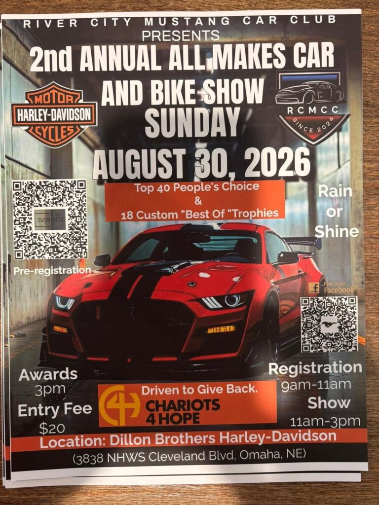 Flyer for River City Mustang Car Club 2nd Annual All Makes Car and Bike Show