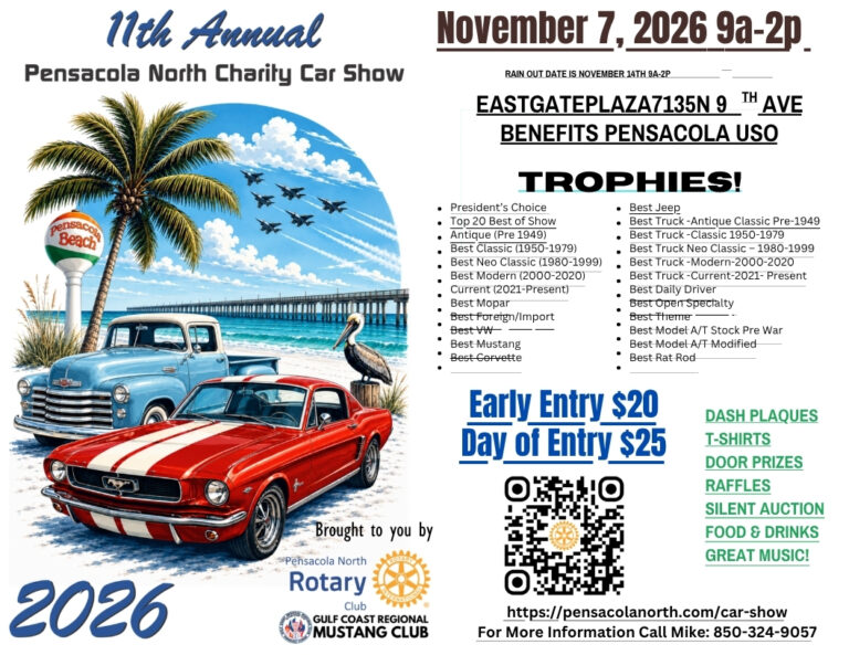 Flyer for 11th Annual Pensacola North Rotary Charity Car Show for USO
