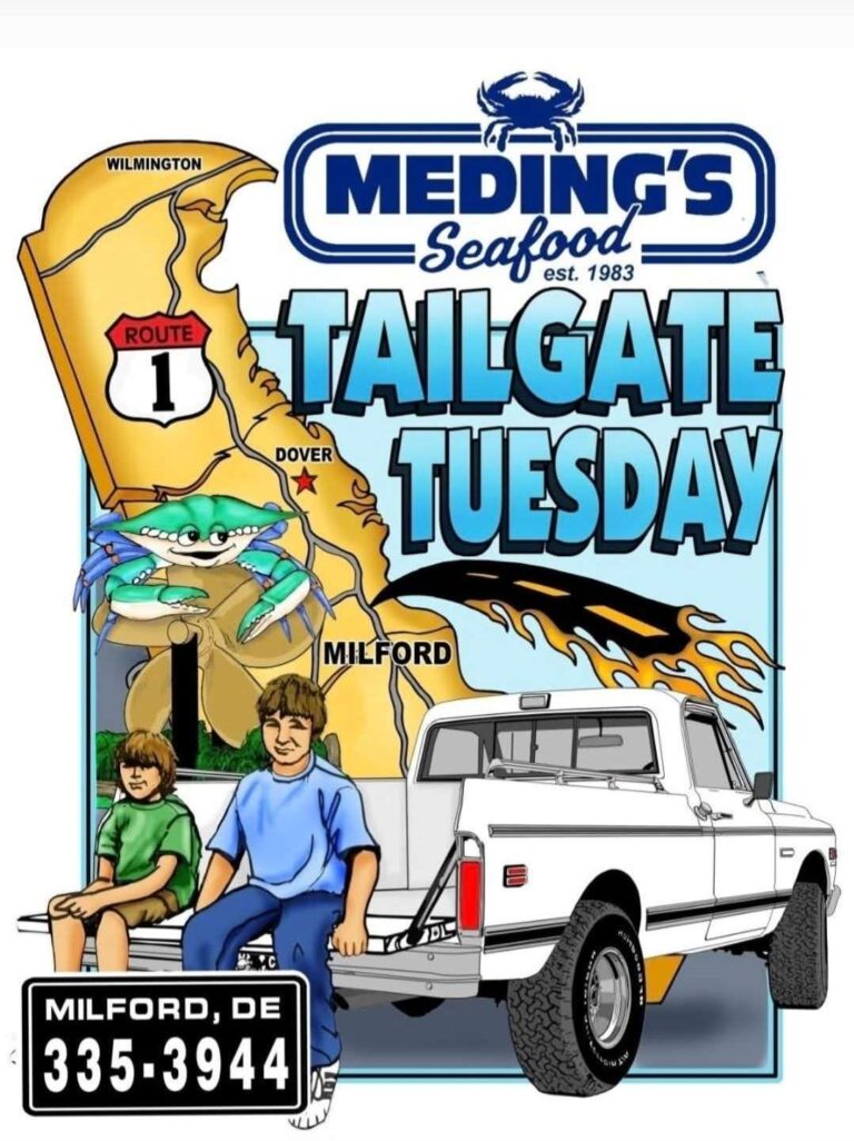 Flyer for Meding’s Seafood Tailgate Tuesday