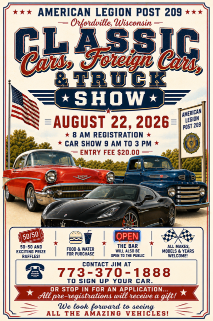 Flyer for American Legion Post 209 Classic Cars, Foreign Cars, & Truck Show