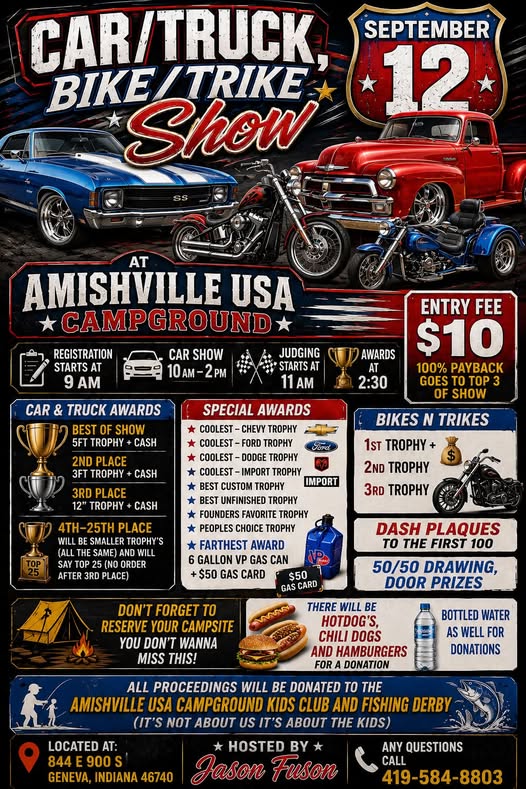 Flyer for Amishville USA Campground Car/Truck, Bike/Trike Show